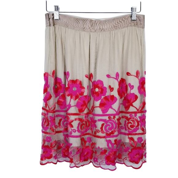 Monoplaza Pink Red Floral Embroidered Mesh Overlay Floral A-line Skirt  - Size S - Picture 3 of 6
